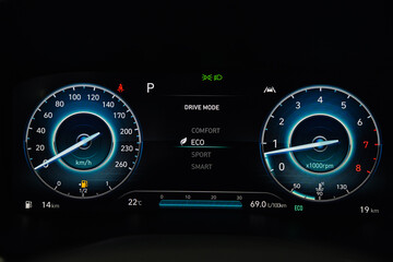 close up shot of digital speedometer in modern car console. console panel of the car.