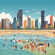 Vibrant digital illustration of Boa Viagem Beach, sunbathers, swimmers, surfers, sandy coastline, city skyline, Recife, Pernambuco, Brazil. generative ai
