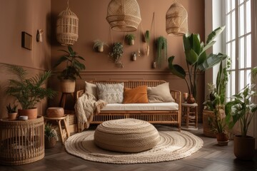 Wall Mural - Vertical shot of warm room with boho interior, pillows, cushions, green plants in flower pot, couch or sofa, and wall décor. Generative AI