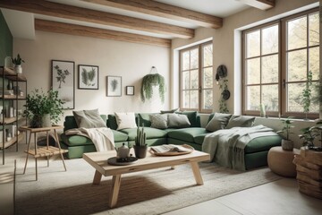 White and green japandi living room. Fabric couch, beams ceiling, window, and decors. Farmhouse decor,. Generative AI