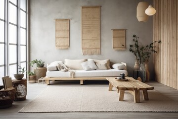 Poster - Japandi living room with bleached wood and plaster wall. Macrame wall art and minimalist fabric couch. Wabi sabi decor,. Generative AI