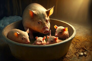 Wall Mural - Piglet family with mother pig climbed into large round trough, created with generative ai