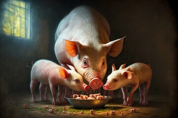 Wall Mural - Adult pig with piglet eat food from bowl in pigsty on farm, created with generative ai