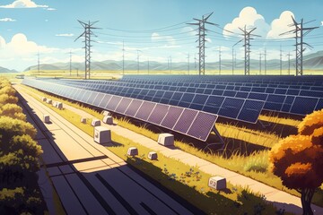 Wall Mural - Solar Farm. Green Fields Blue Sky, Sustainable Renewable Energy. Solar park on the field