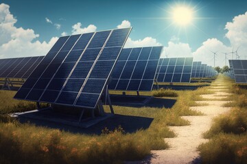 Wall Mural - Solar Farm. Green Fields Blue Sky, Sustainable Renewable Energy. Solar park on the field