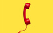 © Chuenmanuse - 3d red vintage phone receiver isolated on yellow background. Retro analog telephone handset. Old communicate technology. Vector illustration