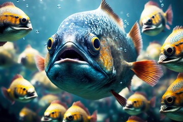 Sticker - Predatory piranhas in wild posing danger to other animals, created with generative ai