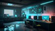 Design a cyberpunk-themed tech lab with neon signage, holographic displays, and a grungy concrete floor." Generative AI