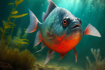 Wall Mural - Terrifying dangerous piranhas with bright orange abdomen and shiny scales, created with generative ai