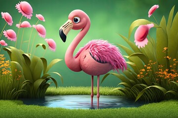 Poster - Cute Cartoon Pink Flamingo (Generative AI)