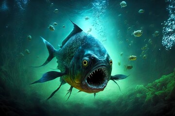 Wall Mural - Terrifying dangerous piranhas has opened its mouth wide and is preparing to attack, created with generative ai
