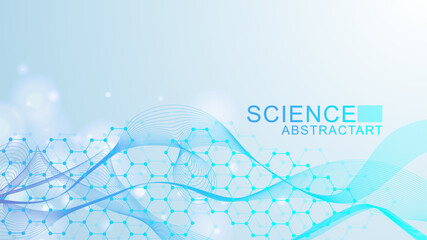 Poster - modern science background with lines, dots and hexagons. wave flow abstract background. molecular st
