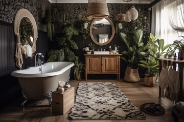 Poster - White and dark bohemian wooden bathroom and bedroom. Bathtub, bed, towel rack, potted plants. Tropical wallpaper. Rustic interior design,. Generative AI