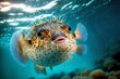 Clear sea with floating bloated puffer fish with spikes, created with generative ai