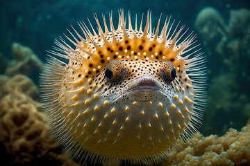 Sticker - Prickly underwater marine puffer fish in blue water, created with generative ai