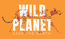 Walking Cheetah On An Orange Background. African Wildlife Poster. Preservation Of Natural Ecology. Vector Flat Illustration