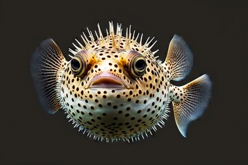 Sticker - Swollen puffer fish with spikes on mottled body isolated against dark background, created with generative ai