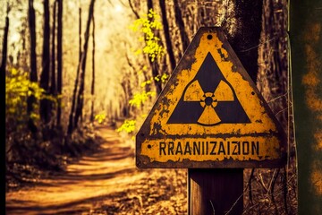 Wall Mural - Abandoned triangle dirty sign with radiation hazard in empty forest, created with generative ai