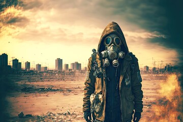 Wall Mural - Scorched empty field with radiation hazard and man in gas mask, created with generative ai