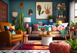 Interior design of a bohemian living room that is colorful and eclectic using bold patterns, bright colors, and decor items to create a space that feels free-spirited and artistic | Generative AI