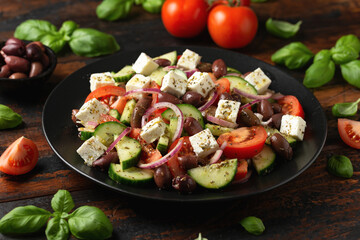 Wall Mural - Greek salad with fresh vegetables, feta cheese, kalamata olives, dried oregano, red wine vinegar and olive oil. Healthy food.
