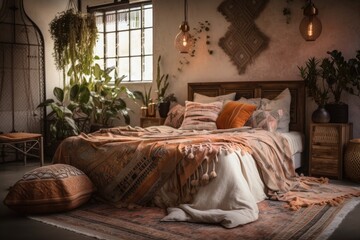 Canvas Print - Lovely boho bedroom with pillows, cushions, green plants in flower pots, bed, and home décor on nightstand and wall. Generative AI