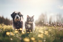  A Dog And A Cat Standing In A Field Of Flowers.  Generative Ai