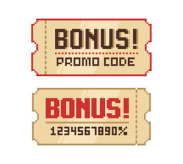 Geek style pixel bonus ticket or coupon - vector template isolated on white background. Discount promocod ticket. Bonus coupon. Pixel art style ticket in 8-bit retro game style