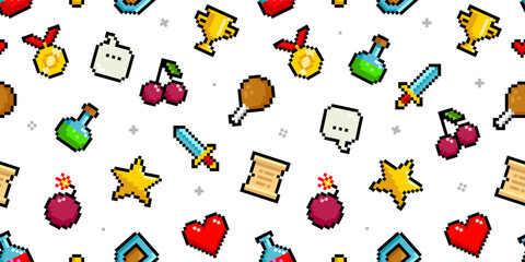 Wall Mural - Geek Retro Game vector seamless pattern. Pixel icons in vintage 8 bit video game style. 80s -90s. Pixel gold avards, medal, star, heart, bomb, cherry, love etc. Geek style white backgroud design