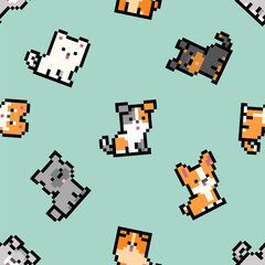 Poster - Pixel Puppies and Kittens geek style vintage seamless pattern. Small cats and dogs abstract endless backround template
