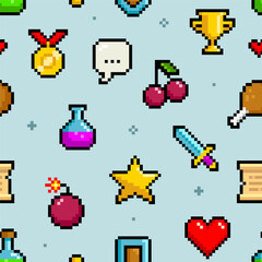 Poster - Geek Retro Game vector seamless pattern. Pixel icons in vintage 8 bit video game style. 80s -90s. Pixel gold avards, medal, star, heart, bomb, cherry, sword etc. Geek style backgroud design