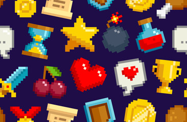 Poster - Pixel Retro Game vector seamless pattern. Geek icons in vintage 8 bit video game style. 80s -90s. Pixel gold star, heart, bomb, cherry, love etc. Geek style purple backgroud for wallpaper design