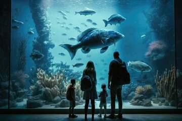 Tourists exploring sea life in public aquarium museum