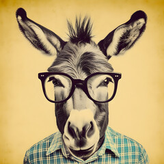 Wall Mural - 50s Vibes hipster donkey portrait, retro halftone style illustration, Generative AI