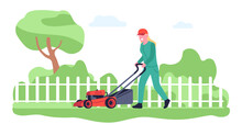 Smiling Woman Mowing Grass With Motor Lawnmower In Garden. Girl Pushing Lawn Mower. Female Worker Trimming Plants In Backyard. Gardener Worker In Summer Park Or House Yard. Vector Concept