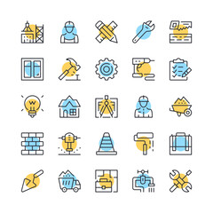 Fototapete - Construction line icons. Set of building icons. Black, blue and yellow colors. Modern outline graphic design. Vector line icons set