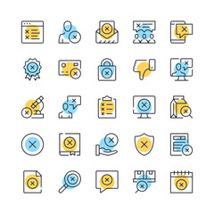 Poster - Rejection line icons. Set of dislike icons. Black, blue and yellow colors. Modern outline graphic design. Vector line icons set