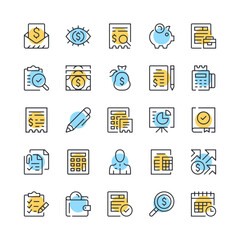 Poster - Accounting line icons. Set of bookkeeping icons. Black, blue and yellow colors. Modern outline graphic design. Vector line icons set