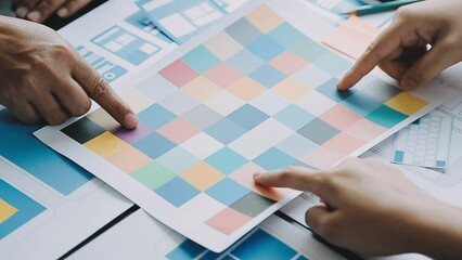 Close up ux developer and ui designer brainstorming about mobile app interface wireframe design on table with customer breif and color code at modern office.Creative digital development agency