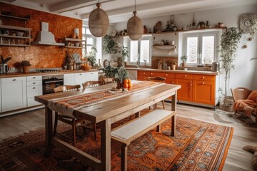 Poster - Bohemian wooden kitchen and dining room. White and orange table, chairs, carpet, and appliances. Boho rural decor,. Generative AI