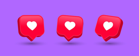 Wall Mural - heart 3d like in speech bubble icon. social media notification icons in speech bubble ; love icon signs - like chat bubbles social network post reactions collection set. vector illustration