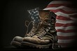 Old army combat boots stand against the background of the American flag. Memorial Day, remembering the fallen soldiers around the world. Generative AI