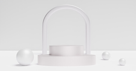 Poster - White pedestal podium and arch with decor spheres. Product advertisement exhibition. 3d rendering
