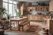 © AkuAku - Bohemian wooden kitchen and dining room. White and gray table, chairs, carpet, and appliances. Boho rural decor,. Generative AI