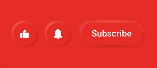 Wall Mural - subscribe button with like icon, thumb up icon and notification bell icon. 3d vector buttons neumorphic ui ux design elements. square with dark, light shadows on red background for apps and website