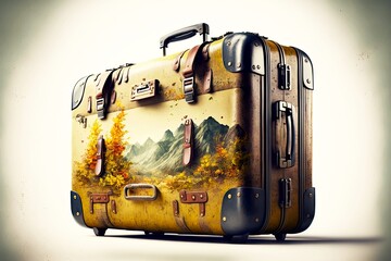 Canvas Print - Vintage stylish leather travel suitcase with nature pattern on light background, created with generative ai