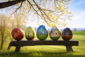 Row of Painted Easter Eggs on a Wooden Bench: An Exclusive Mixed Art and Fanart Springtime Piece