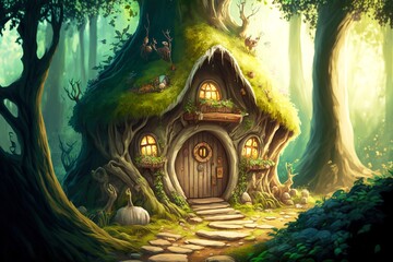 Poster - Magical fairytale hut in woods woods tree house, created with generative ai