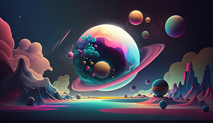 alien planet and space abstract background with circles retro neon psychedelic background new quality stock image space illustration desktop wallpaper design, Generative AI