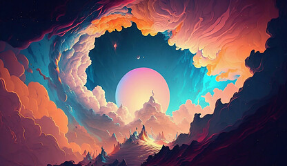 Wall Mural - alien planet and space abstract background with circles retro neon psychedelic background new quality stock image space illustration desktop wallpaper design, Generative AI